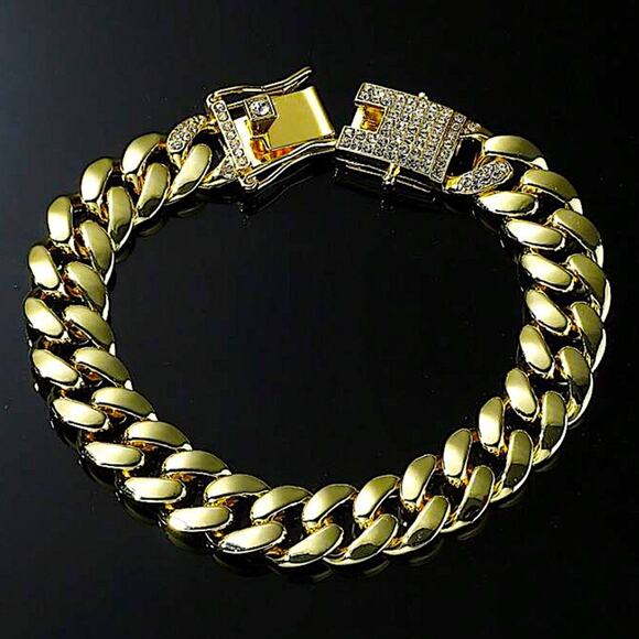 Gold Chain Link Bracelet, Cuban, Rhinestone Closure - Picture 2 of 8